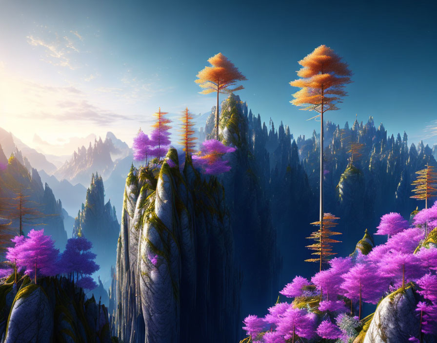 Vibrant surreal landscape with towering rock formations