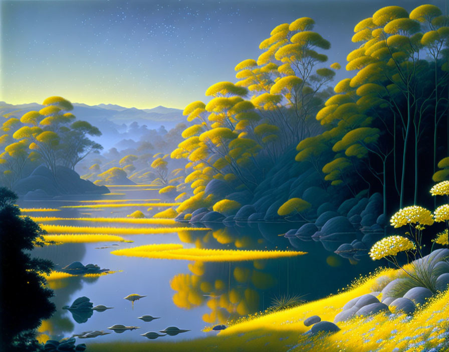 Tranquil Night Scene: Luminous Yellow Trees, Calm River, Starry Sky