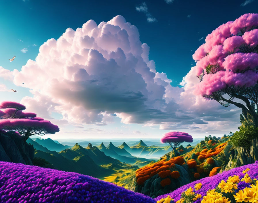 Colorful landscape with purple and orange flora, green hills, and blue sky with birds.