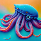 Colorful digital artwork: Blue octopus with purple tentacles on vibrant background