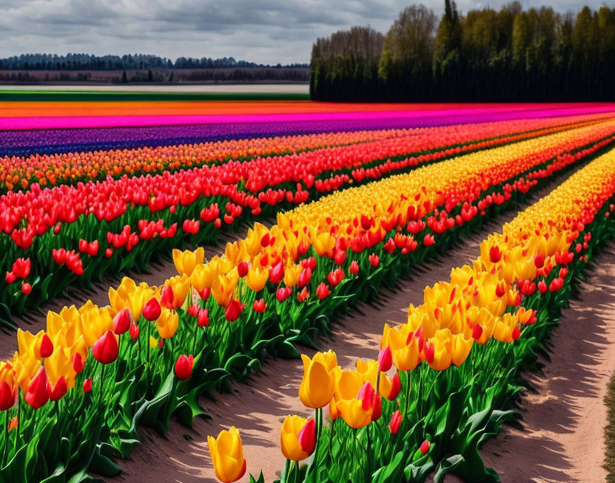 Colorful Tulip Field Under Partly Cloudy Sky