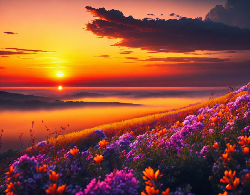 Colorful sunset over misty hills and flowers