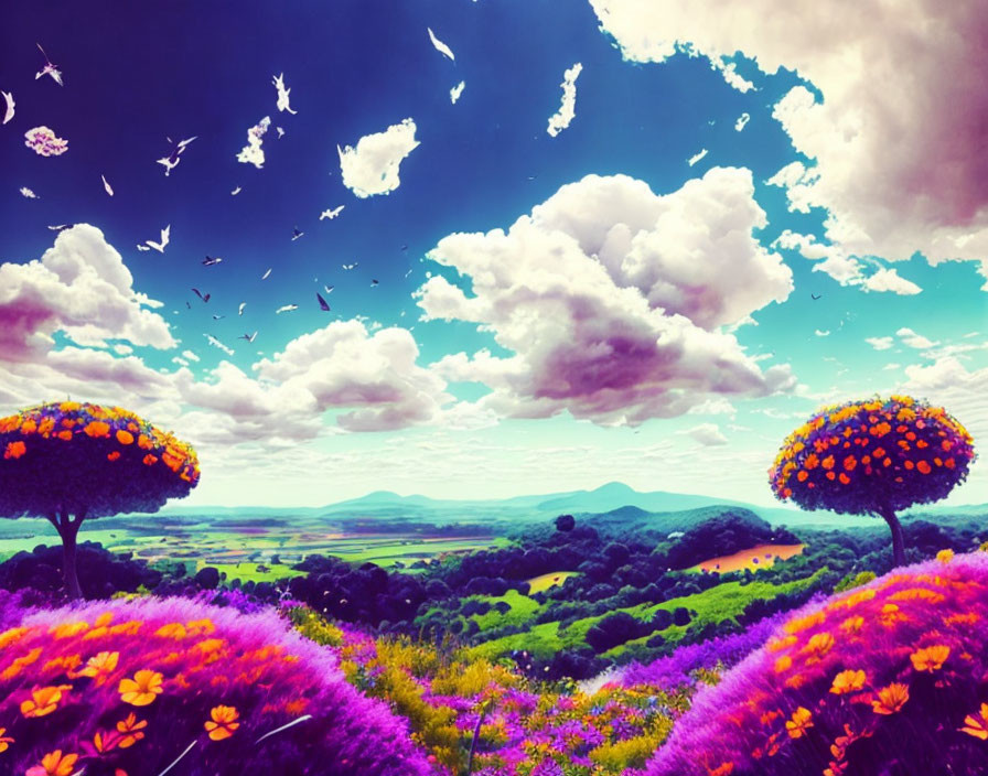 Colorful surreal landscape with flowers, whimsical trees, birds, and blue sky