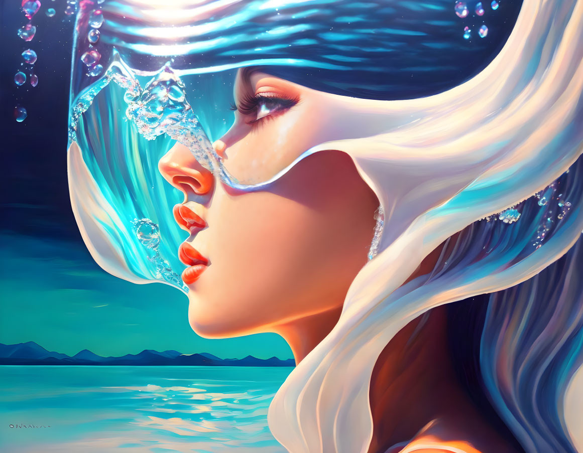 Woman in visor submerged in serene underwater scene