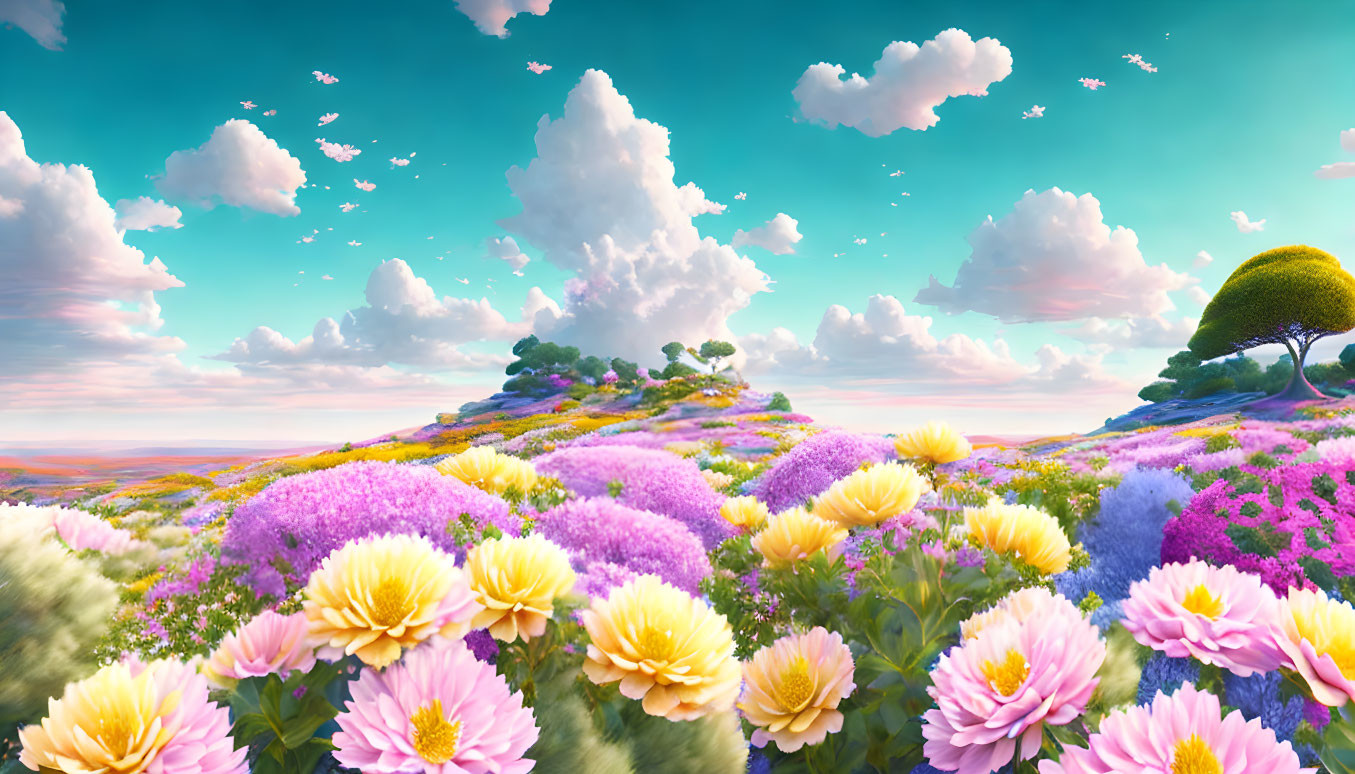 Colorful Flower-Covered Hill in Surreal Landscape