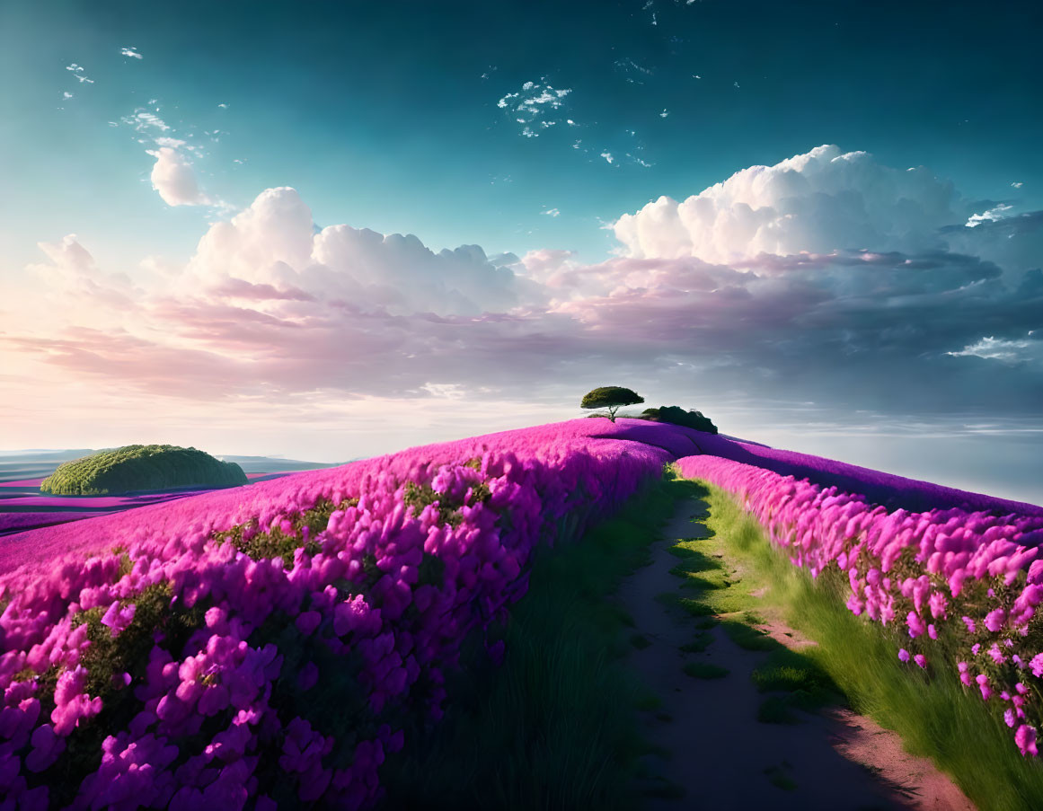 Rolling hills covered in vivid purple flowers under a blue sky with fluffy white clouds, lone tree,