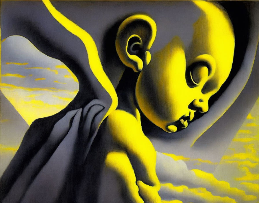 Surreal painting of elongated figure against yellow and grey background