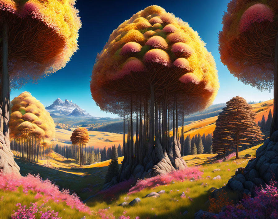 Colorful Fantasy Landscape with Mushroom-like Trees, Pink Flowers, and Mountains