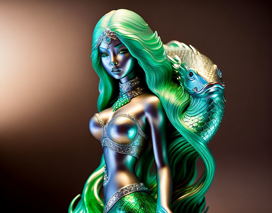 Mermaid digital art with green hair and fish companion