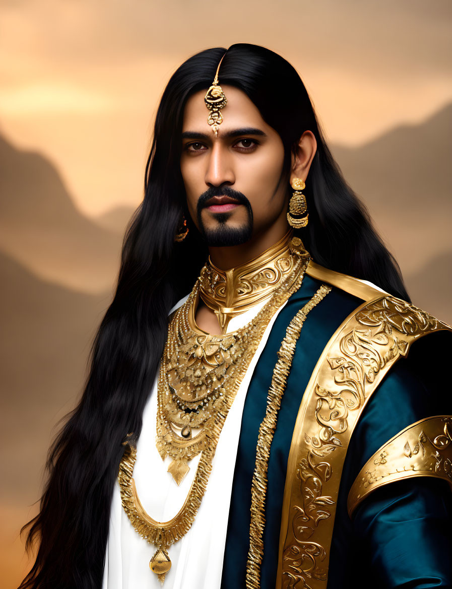 Digital portrait of man in royal attire with long black hair against sunset mountains