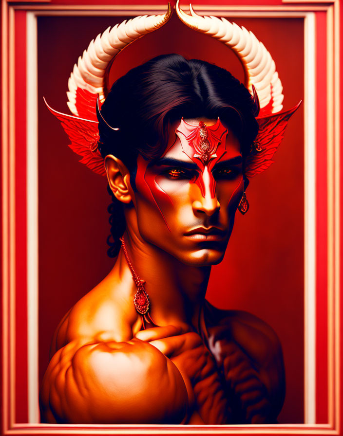 Stylized portrait of figure with red skin, horns, third eye, and jewelry on red background