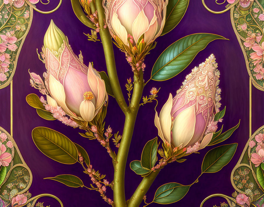 Detailed Lotus Flower Illustration on Purple Background