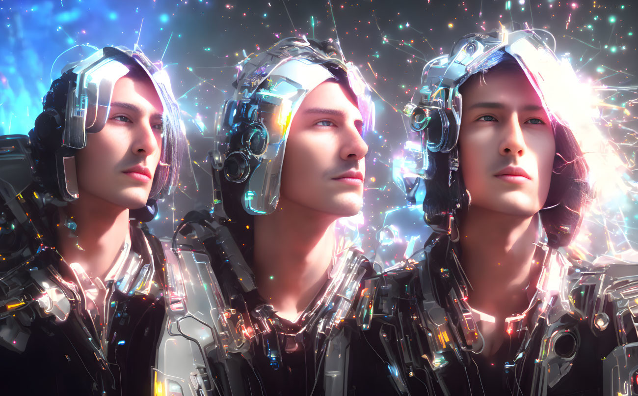 Three futuristic individuals in cosmic suits with helmets on vibrant background.