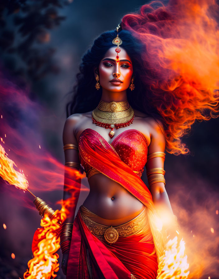 Woman in traditional Indian attire amidst flames with intense expression