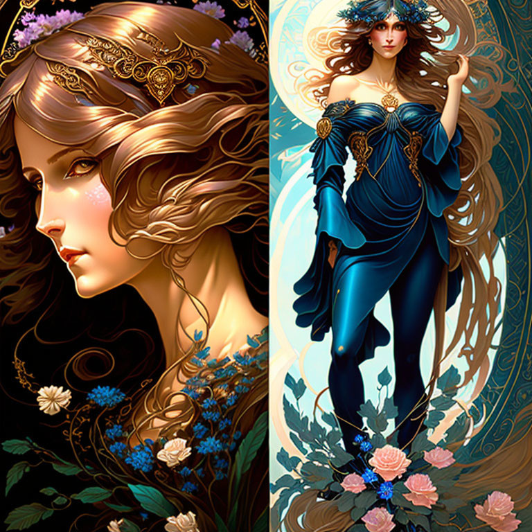 Illustration of woman in blue dress with flowing hair and floral motifs