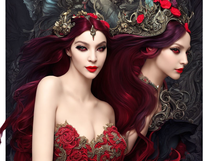 Fantasy female figures with red hair and elaborate attire on dark background