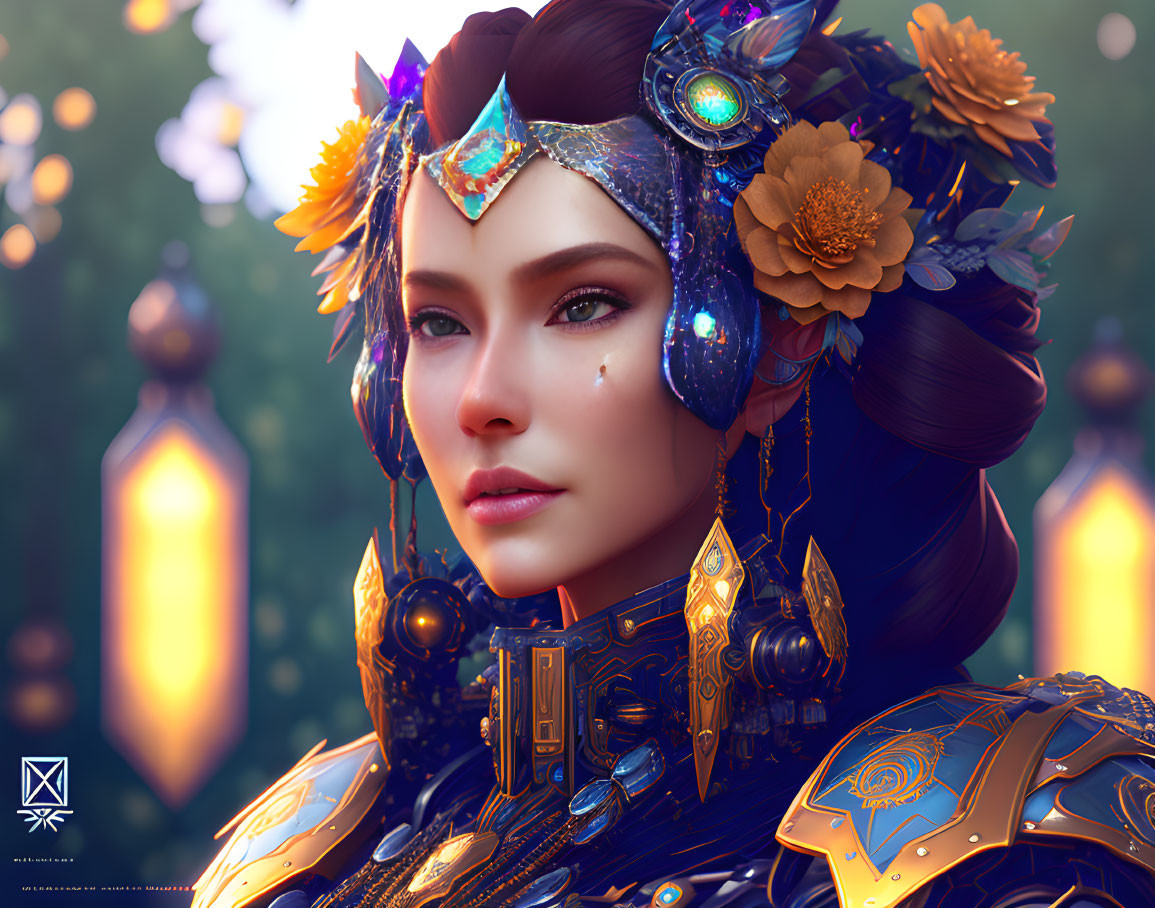 Digital artwork: Woman in blue and gold armor with flowers and jewels, surrounded by glowing lanterns