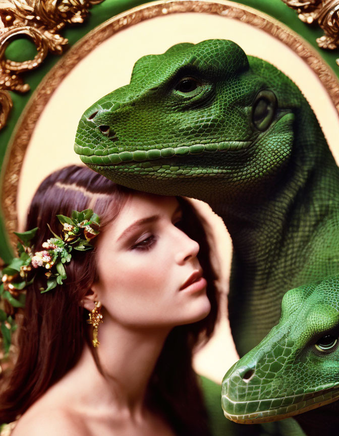 Woman with floral adornments posing beside surreal oversized green lizard heads in ornate golden frames