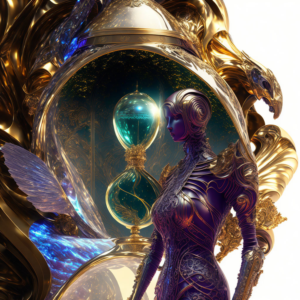 Metallic female figure with hourglass in baroque setting