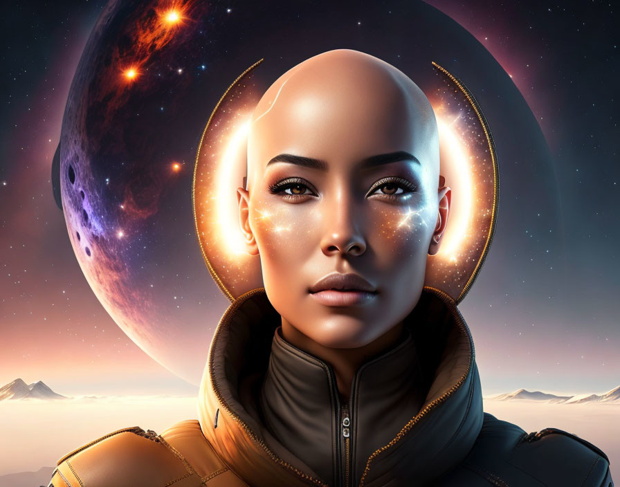 Digital artwork: Bald woman in cosmic scenery with mountains, ringed planet, stars, and moon