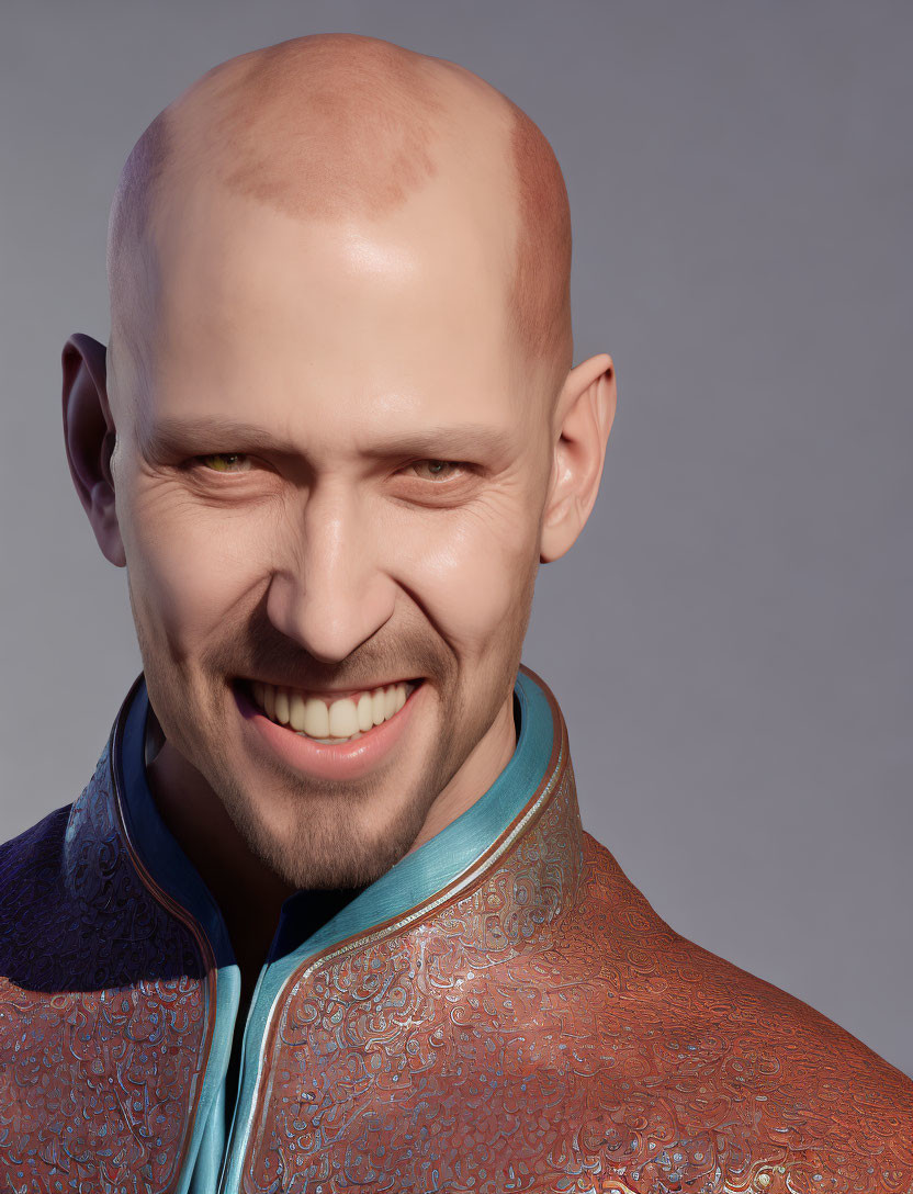 Bald man with beard in high-collar jacket on plain background