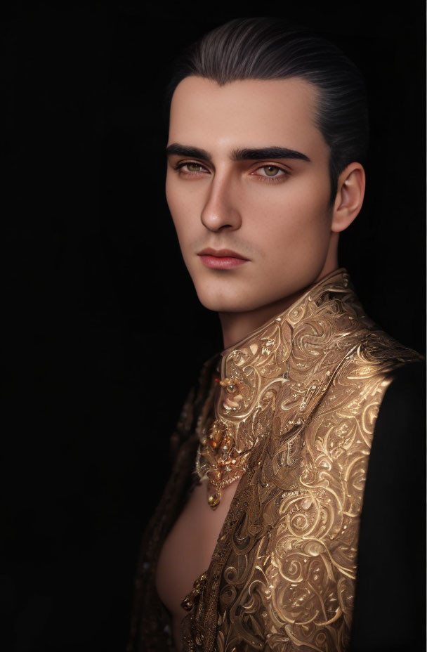 Portrait of a man with slicked-back hair in ornate gold jacket