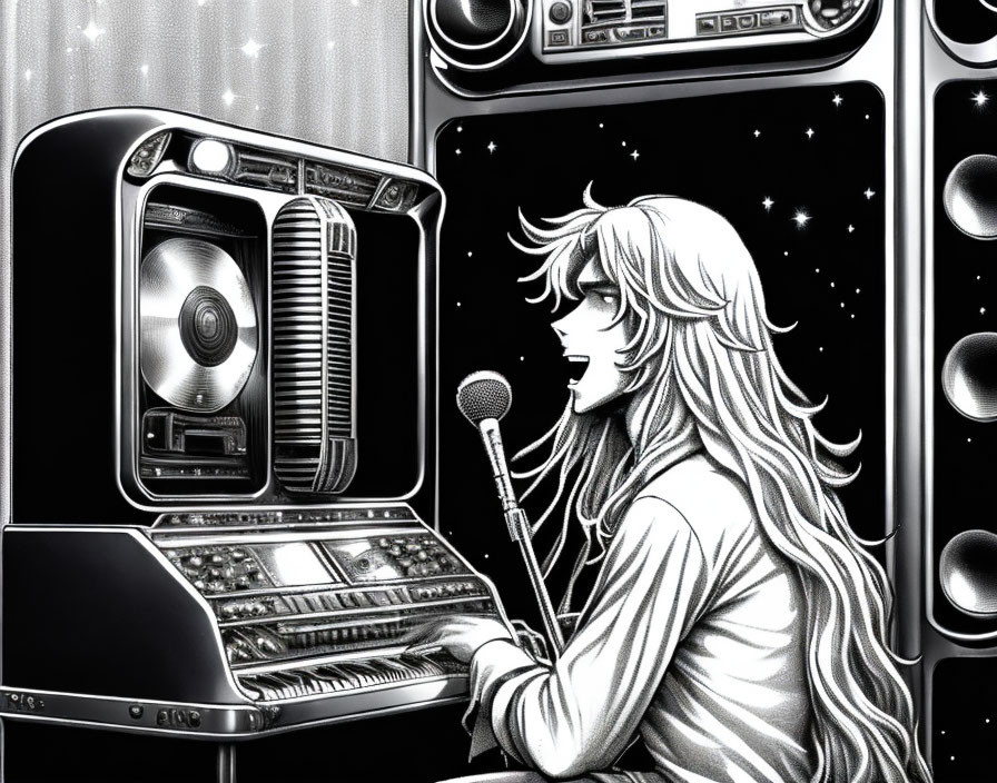 Person singing with joy surrounded by retro musical equipment in animated image