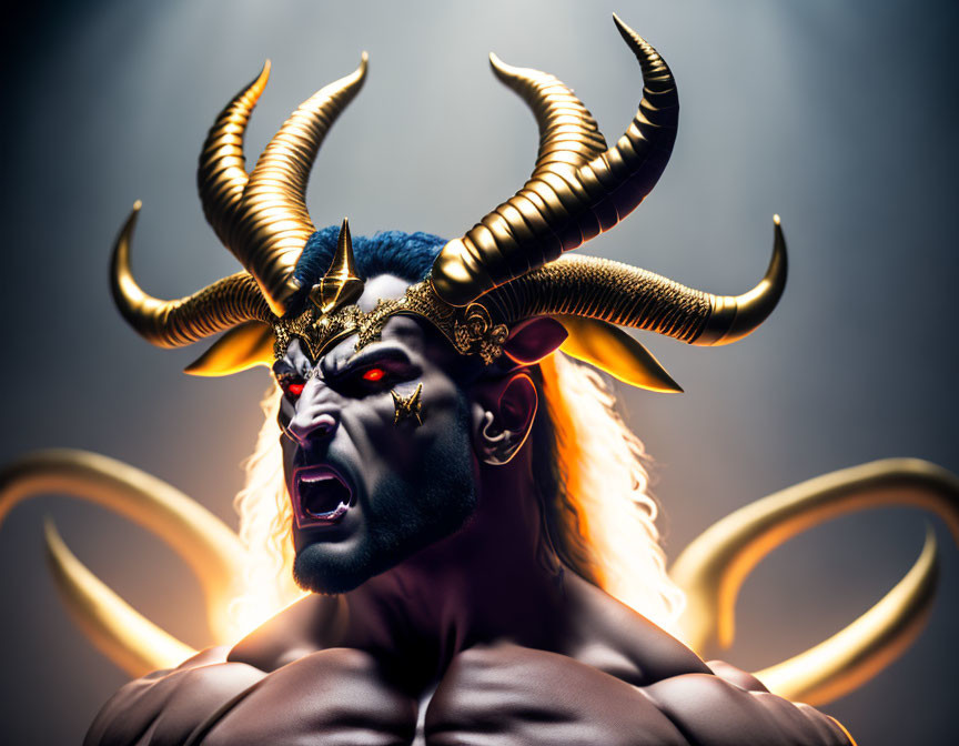 Person with fierce expression and golden horned crown in dramatic lighting