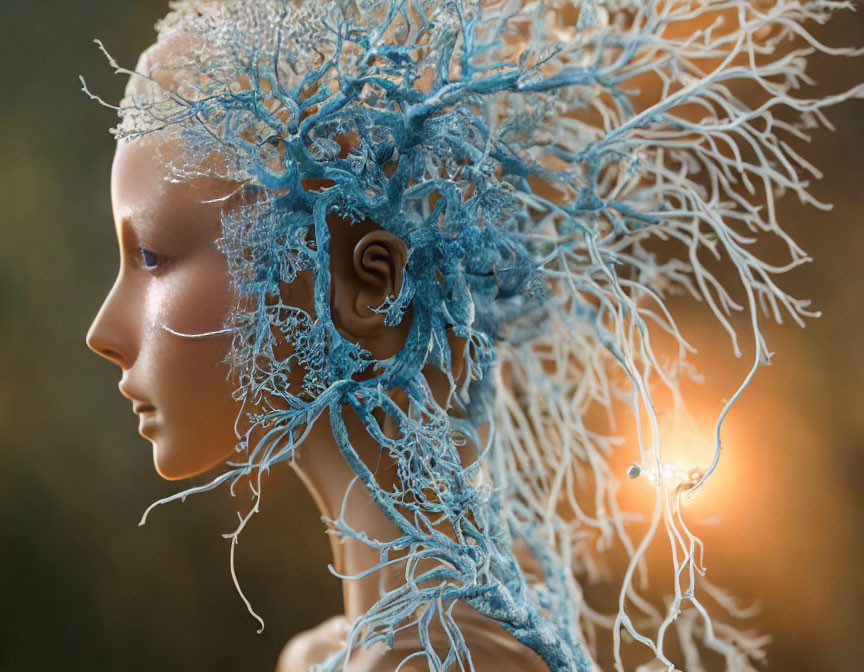 Intricate blue and white coral-like structures on humanoid figure in nature.