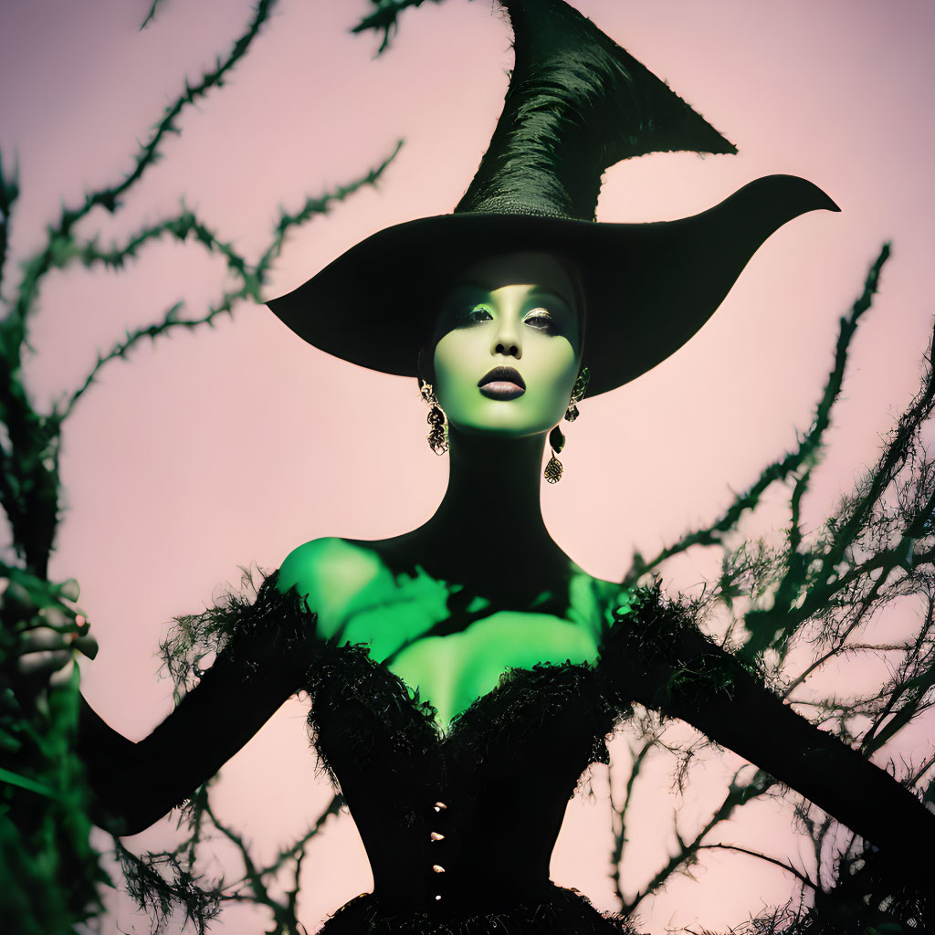 Elegant woman in dramatic witch costume with oversized pointed hat and dark attire against shadowy backdrop