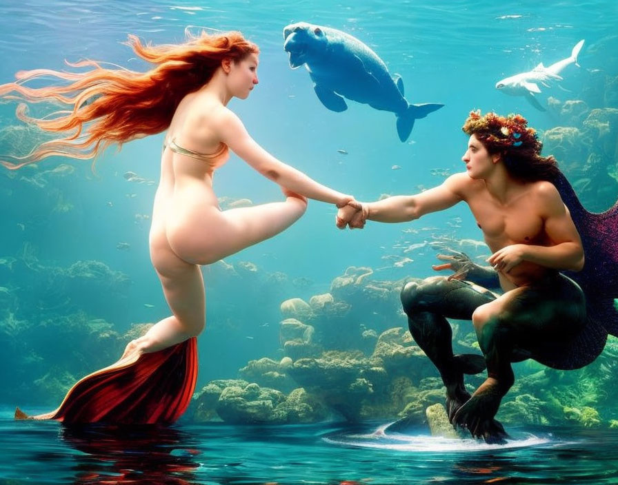 Mermaids holding hands underwater with seal and marine life.