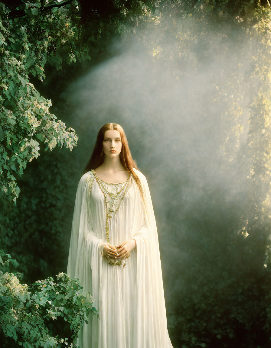 Woman in flowing white gown stands in misty green forest