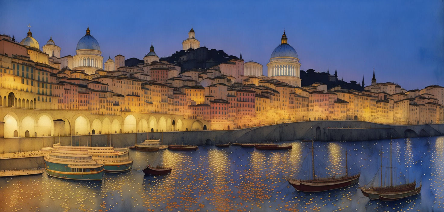 Illuminated classical cityscape at twilight with domed buildings, bridge, and boats.