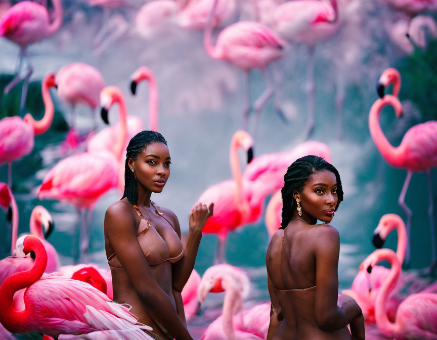 Two women posing with flamingos in vibrant pink and blue setting