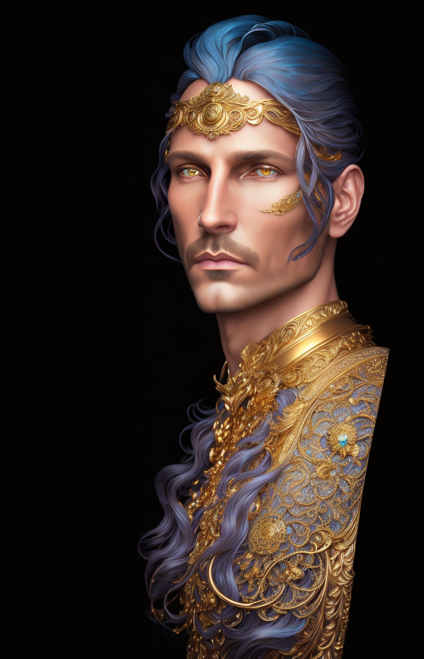 Regal figure with blue hair and golden crown in ornate illustration