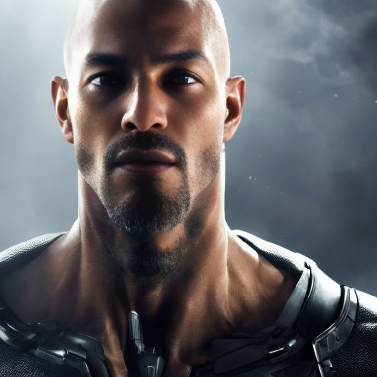 Bald man with goatee in futuristic armor against misty background