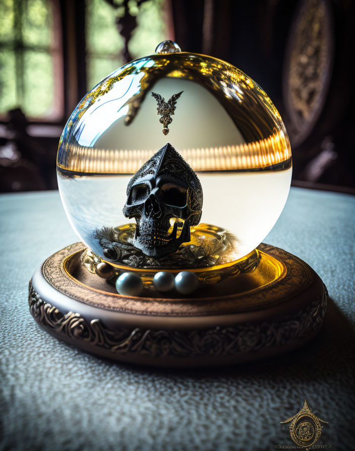 Crystal Ball Reflecting Skull on Stand with Bokeh Background