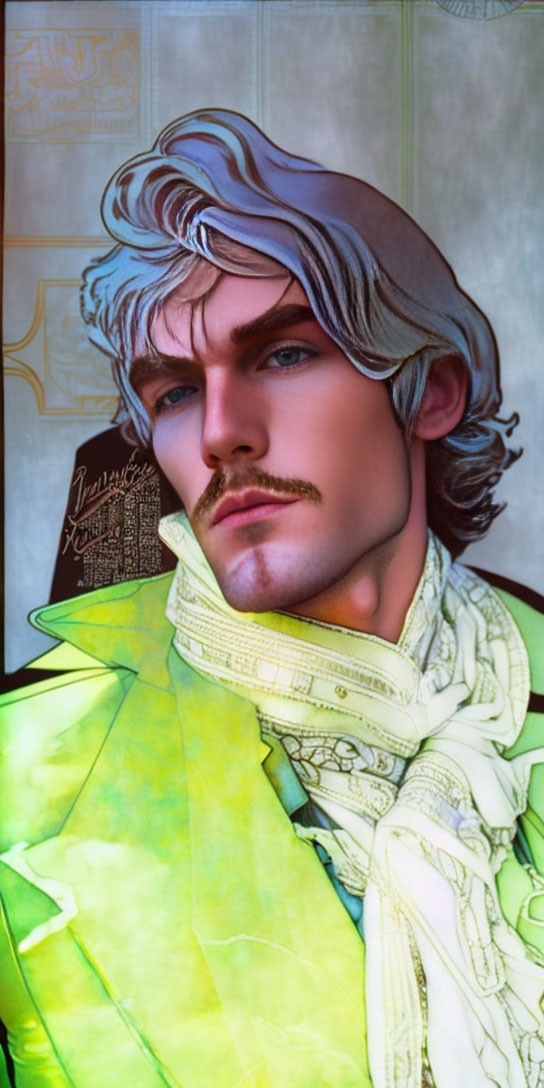 Illustration of man with wavy hair, mustache, and green scarf