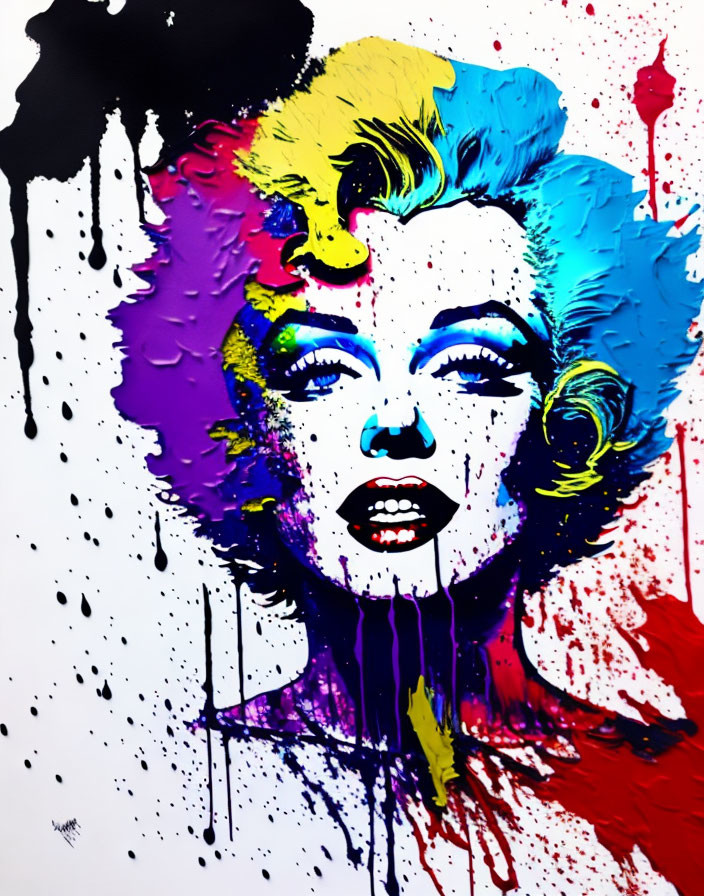 Vibrant Pop Art Style Portrait with Colorful Paint Splashes on White Background