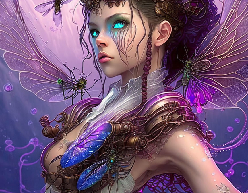 Fantasy female character with blue eyes, steampunk wings, mechanical details in purple backdrop.