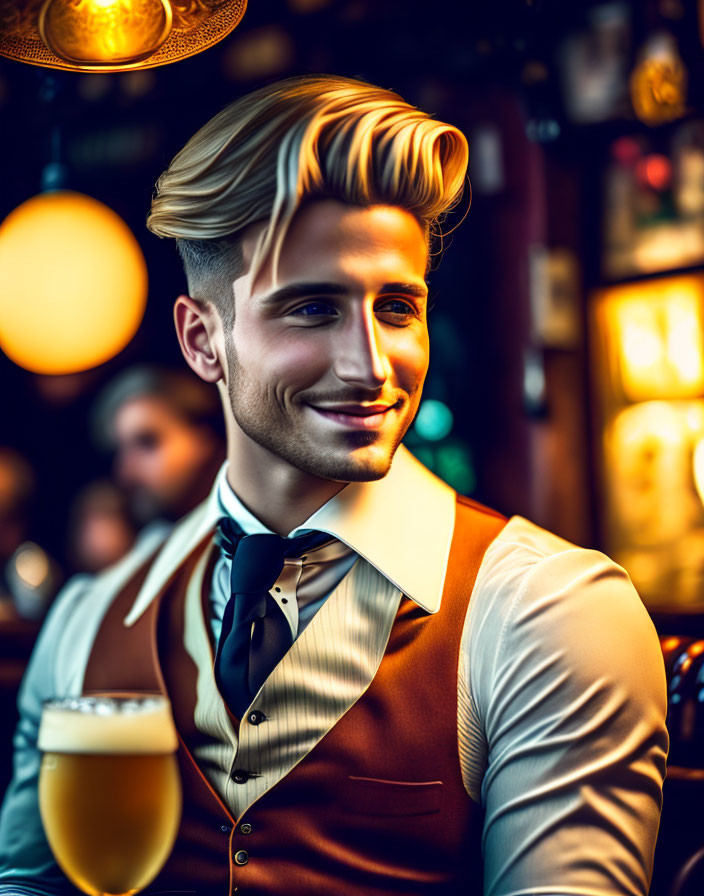 Blond man smiling with beer in cozy bar setting