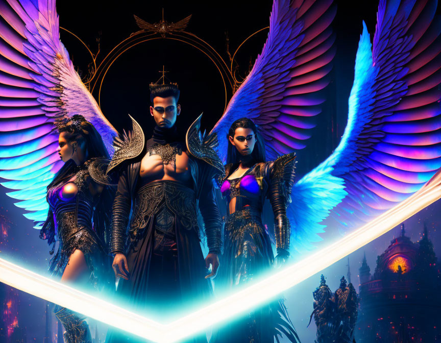 Futuristic armor characters with angelic wings and glowing sword in mystical cityscape