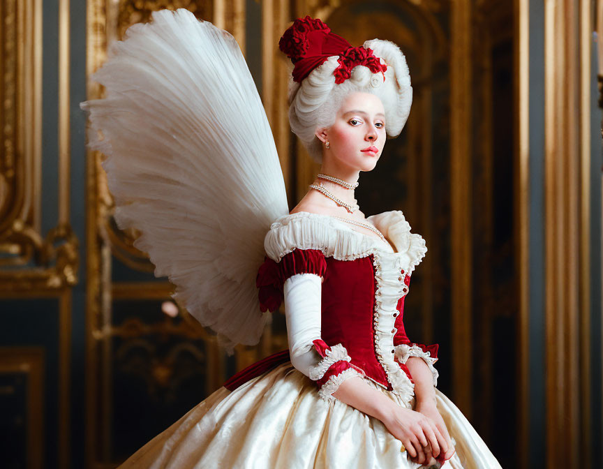 Regal woman in Marie Antoinette costume with white wig and red dress among opulent decor