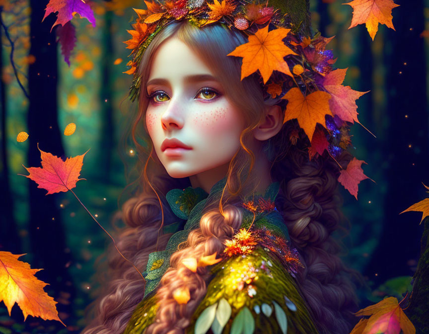 Digital Artwork: Girl with Autumn Leaves in Hair, Leaf-Patterned Clothing, Mystical Forest