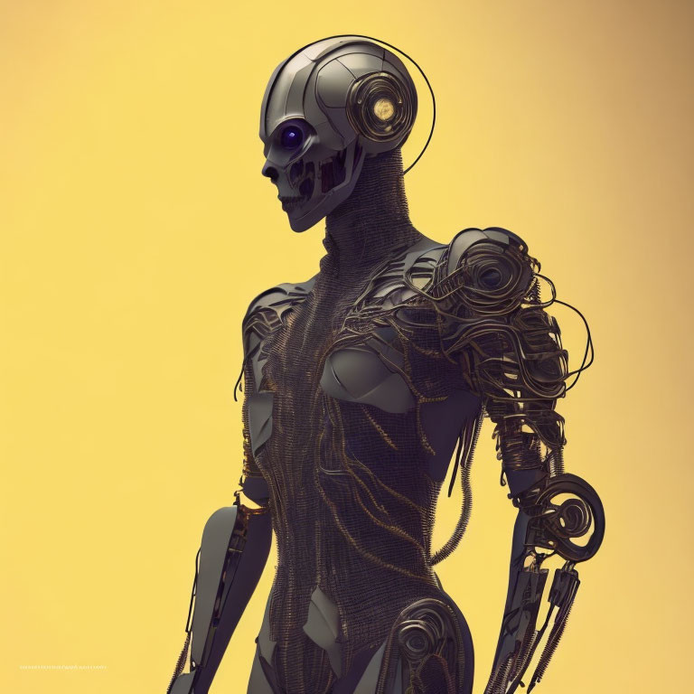 Intricate humanoid robot with exposed machinery on yellow background