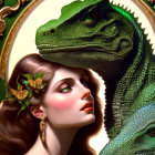 Woman with floral adornments posing beside surreal oversized green lizard heads in ornate golden frames