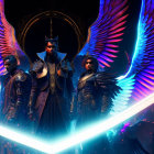 Futuristic armor characters with angelic wings and glowing sword in mystical cityscape