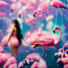 Two women posing with flamingos in vibrant pink and blue setting