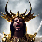 Person with fierce expression and golden horned crown in dramatic lighting