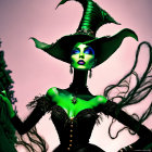 Elegant woman in dramatic witch costume with oversized pointed hat and dark attire against shadowy backdrop